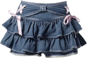 Women's Bow Low Waist Retro Pleated Skirt with Adjustable Waist A-line Mini Denim Skirt Y2K