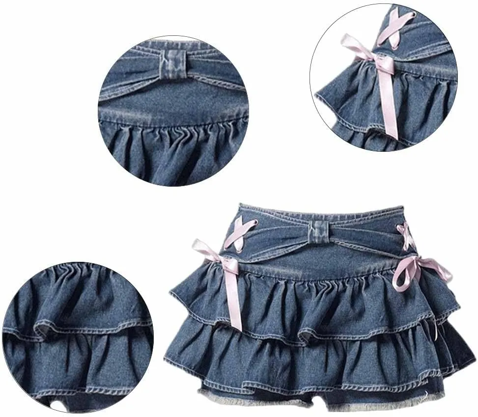 Women's Bow Low Waist Retro Pleated Skirt with Adjustable Waist A-line Mini Denim Skirt Y2K