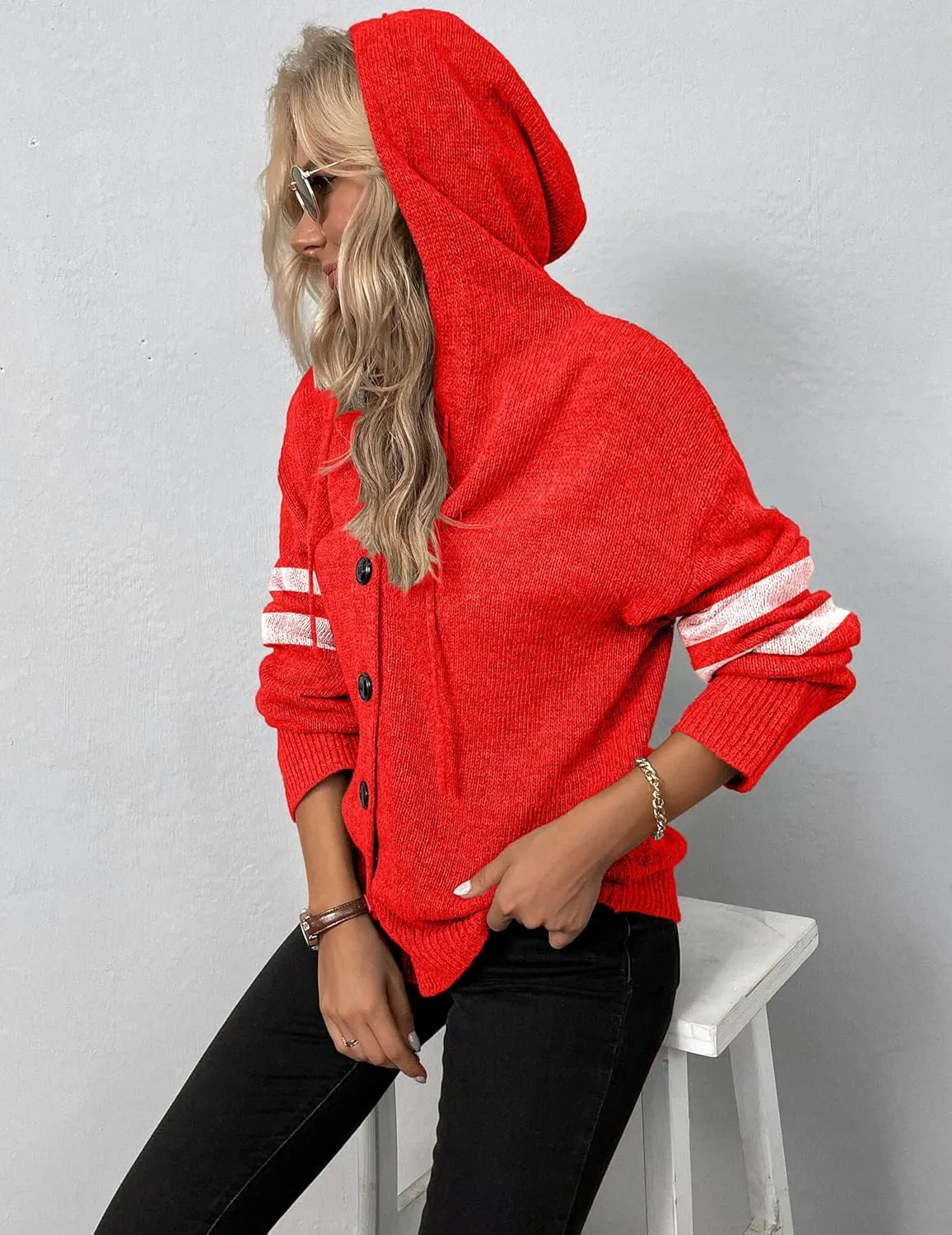 Women's Casual Cardigan V Neck Button Down Hooded Sweaters Long Sleeve Hoodies Outfits