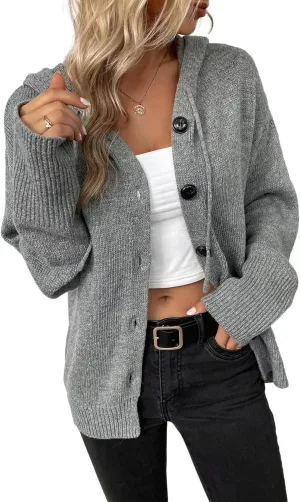 Women's Casual Cardigan V Neck Button Down Hooded Sweaters Long Sleeve Hoodies Outfits