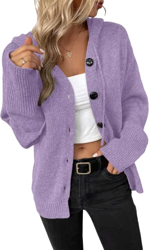 Women's Casual Cardigan V Neck Button Down Hooded Sweaters Long Sleeve Hoodies Outfits