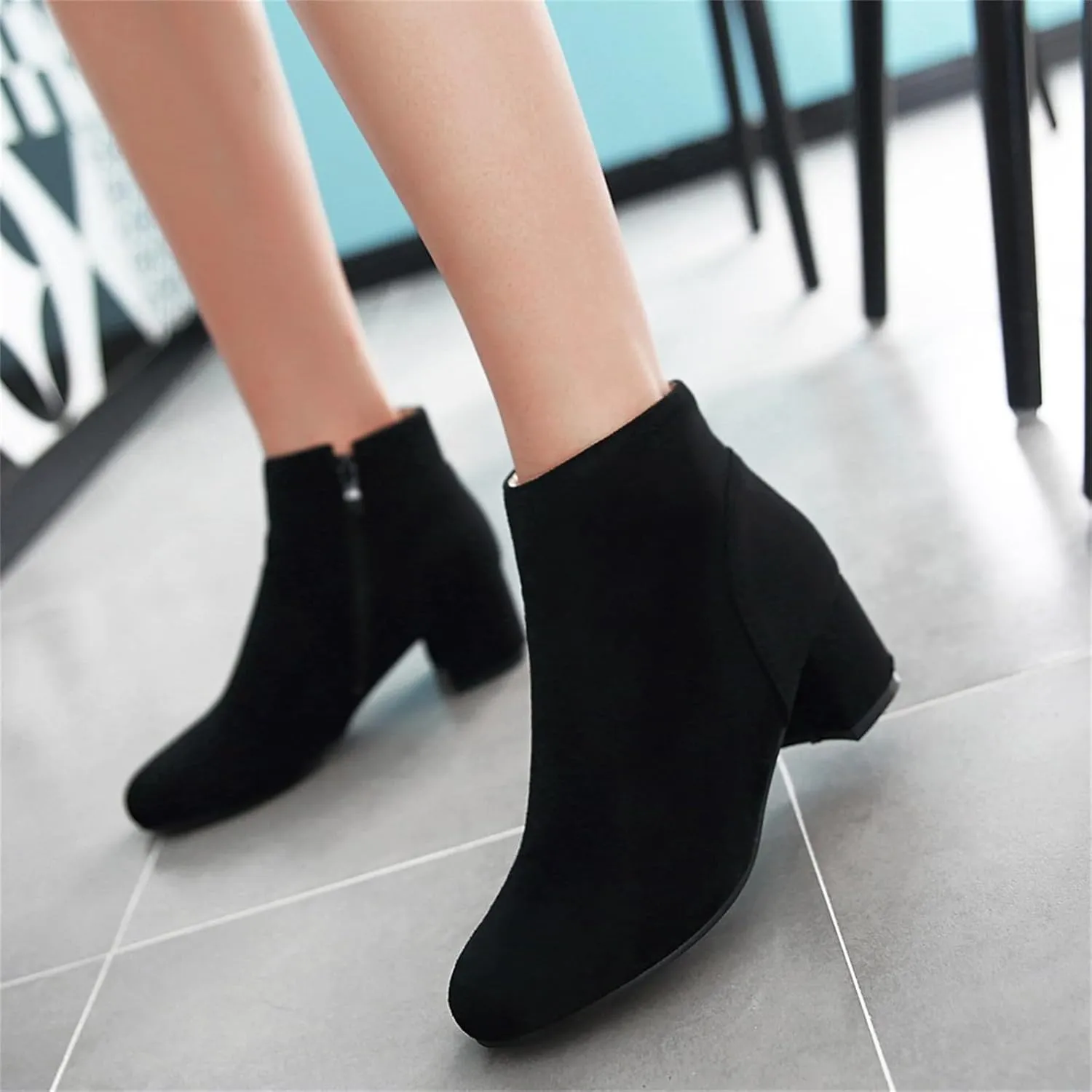 Women's Closed Round Toed Ankle Boots Round Toe Chunky Party Club Zipper Solid Shoes Cosplay Formal Occasion Concise Classic Suede Comfy Block Mid Heeled Booties