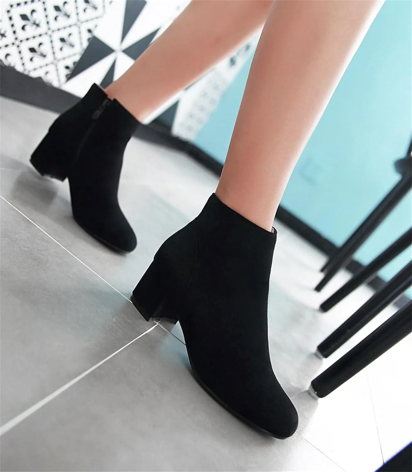 Women's Closed Round Toed Ankle Boots Round Toe Chunky Party Club Zipper Solid Shoes Cosplay Formal Occasion Concise Classic Suede Comfy Block Mid Heeled Booties
