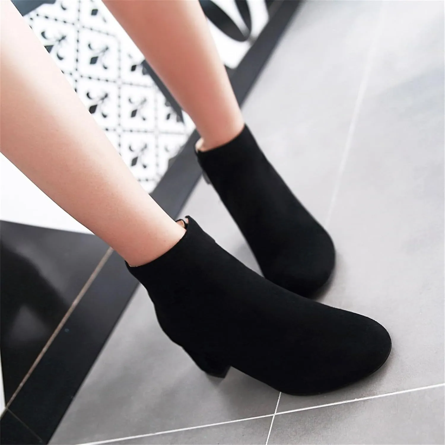 Women's Closed Round Toed Ankle Boots Round Toe Chunky Party Club Zipper Solid Shoes Cosplay Formal Occasion Concise Classic Suede Comfy Block Mid Heeled Booties