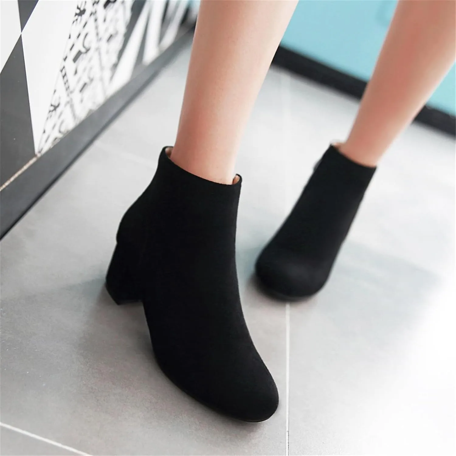 Women's Closed Round Toed Ankle Boots Round Toe Chunky Party Club Zipper Solid Shoes Cosplay Formal Occasion Concise Classic Suede Comfy Block Mid Heeled Booties