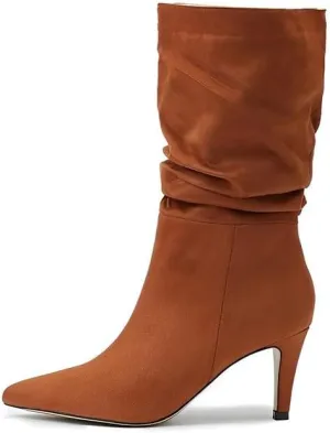 Women's Fashion Mid Calf Boots Pleated Suede Stiletto Pointed Toe High Heels Slouchy Slip On Ankle Boot For Dress