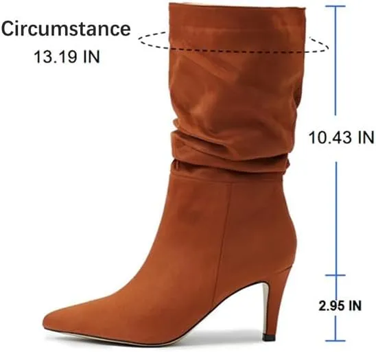 Women's Fashion Mid Calf Boots Pleated Suede Stiletto Pointed Toe High Heels Slouchy Slip On Ankle Boot For Dress