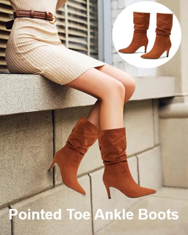 Women's Fashion Mid Calf Boots Pleated Suede Stiletto Pointed Toe High Heels Slouchy Slip On Ankle Boot For Dress