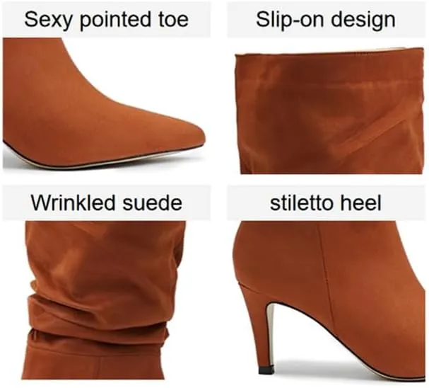 Women's Fashion Mid Calf Boots Pleated Suede Stiletto Pointed Toe High Heels Slouchy Slip On Ankle Boot For Dress