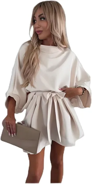 Women's Fashionable Loose Dolman Sleeve Dress, Women's Elegant Ruched Mock Neck Tie Waist Cocktail Party Dresses