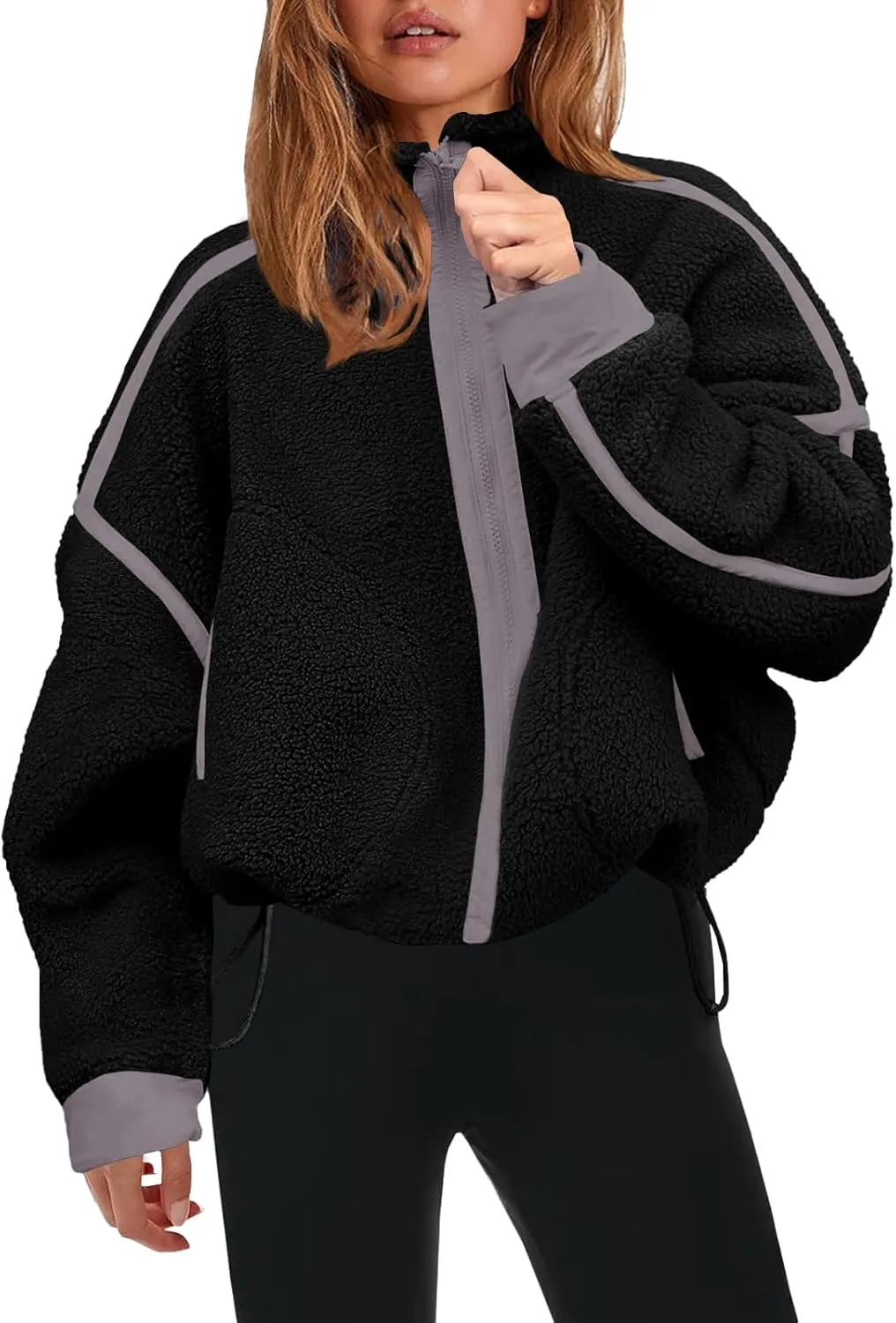 Womens Fleece Zip Down Jacket Soft Oversized Crop Sweatshirt with Pockets Long Sleeve Winter Coats