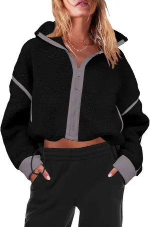 Womens Fleece Zip Down Jacket Soft Oversized Crop Sweatshirt with Pockets Long Sleeve Winter Coats