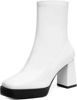 Women's GoGo Boots Platform Boots Square Toe Mid Calf Booties Patent Leather Zipper Chunky Heel Disco Halloween Costume Booties