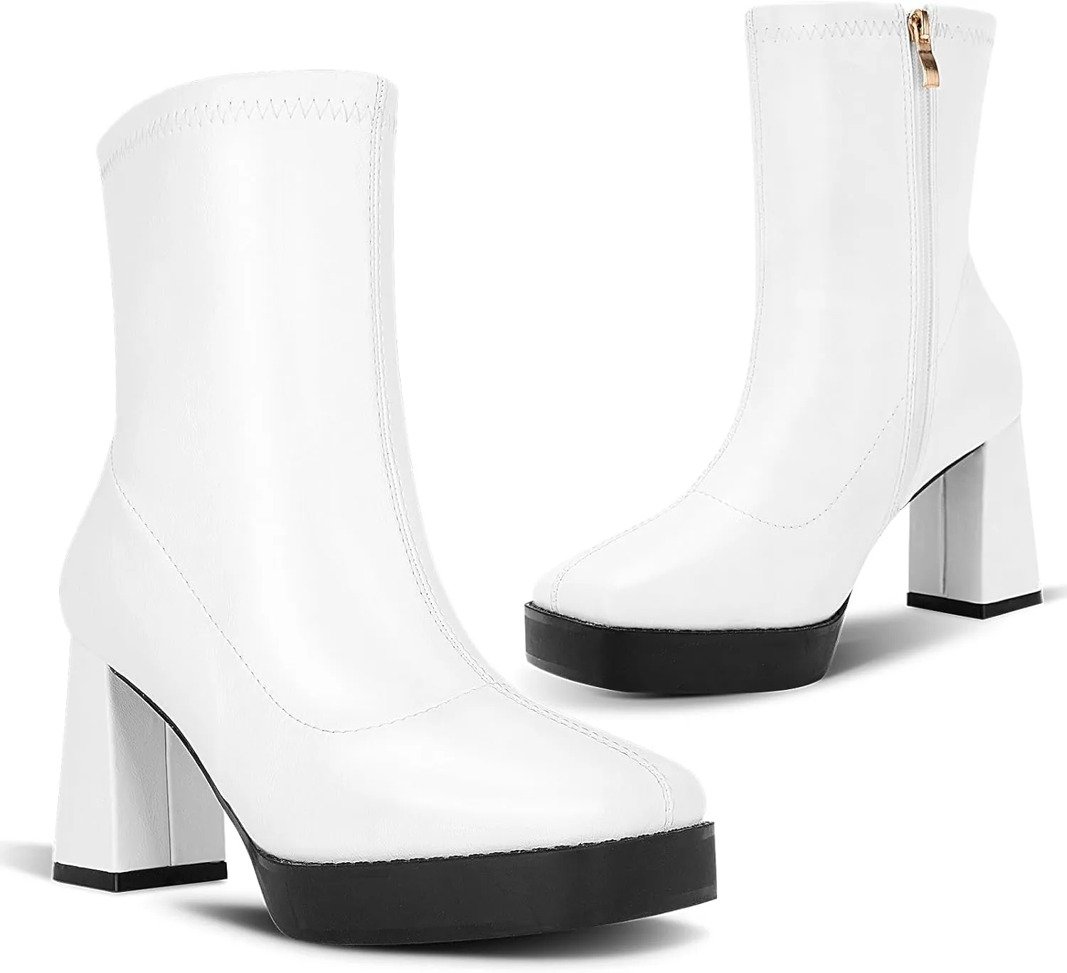 Women's GoGo Boots Platform Boots Square Toe Mid Calf Booties Patent Leather Zipper Chunky Heel Disco Halloween Costume Booties