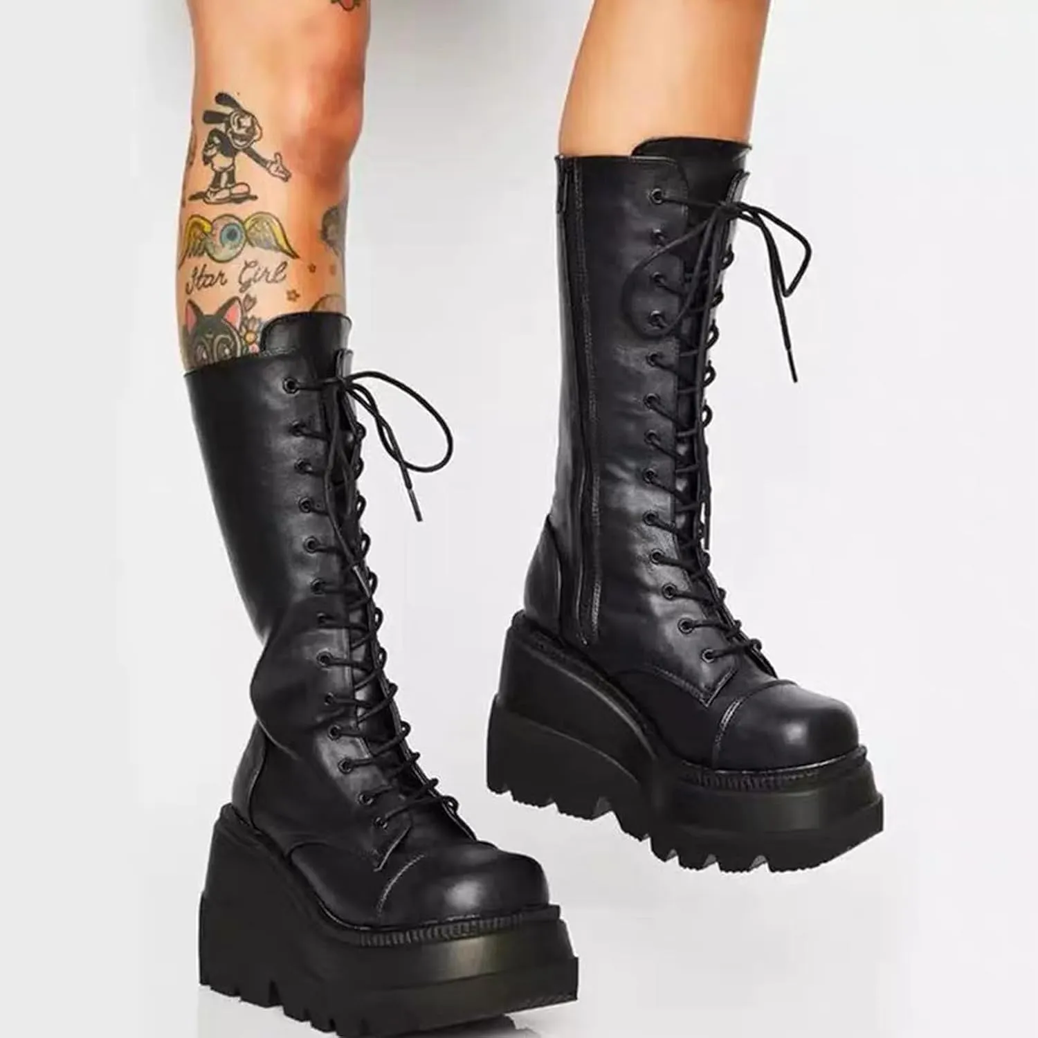 Womens Knee High Boots, Chunky Platform Boot, Adjustable Lace-up Riding Combat Booties, Holographic Goth Punk Motorcycle Shoes, Rave Boots With Side Zip Metal Buckle