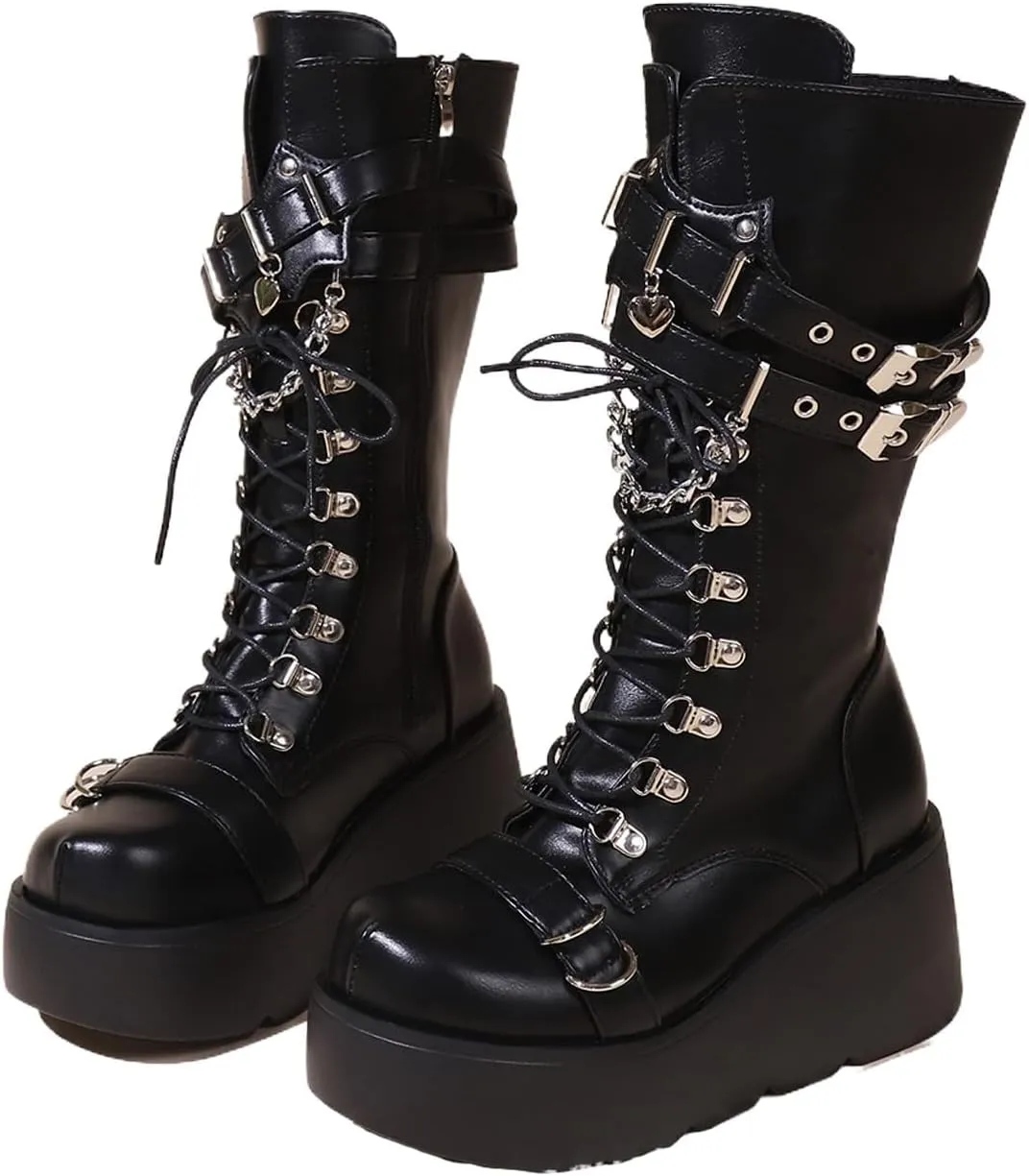 Womens Knee High Boots, Chunky Platform Boot, Adjustable Lace-up Riding Combat Booties, Holographic Goth Punk Motorcycle Shoes, Rave Boots With Side Zip Metal Buckle