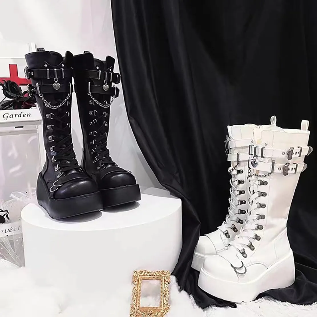Womens Knee High Boots, Chunky Platform Boot, Adjustable Lace-up Riding Combat Booties, Holographic Goth Punk Motorcycle Shoes, Rave Boots With Side Zip Metal Buckle