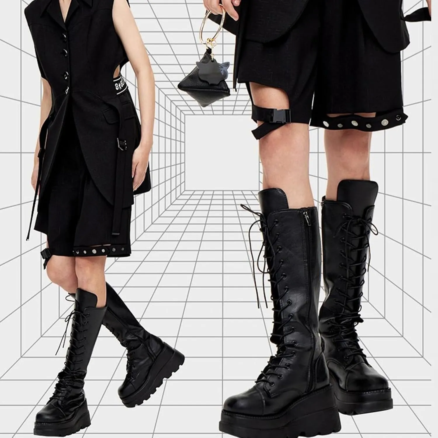 Womens Knee High Boots, Chunky Platform Boot, Adjustable Lace-up Riding Combat Booties, Holographic Goth Punk Motorcycle Shoes, Rave Boots With Side Zip Metal Buckle