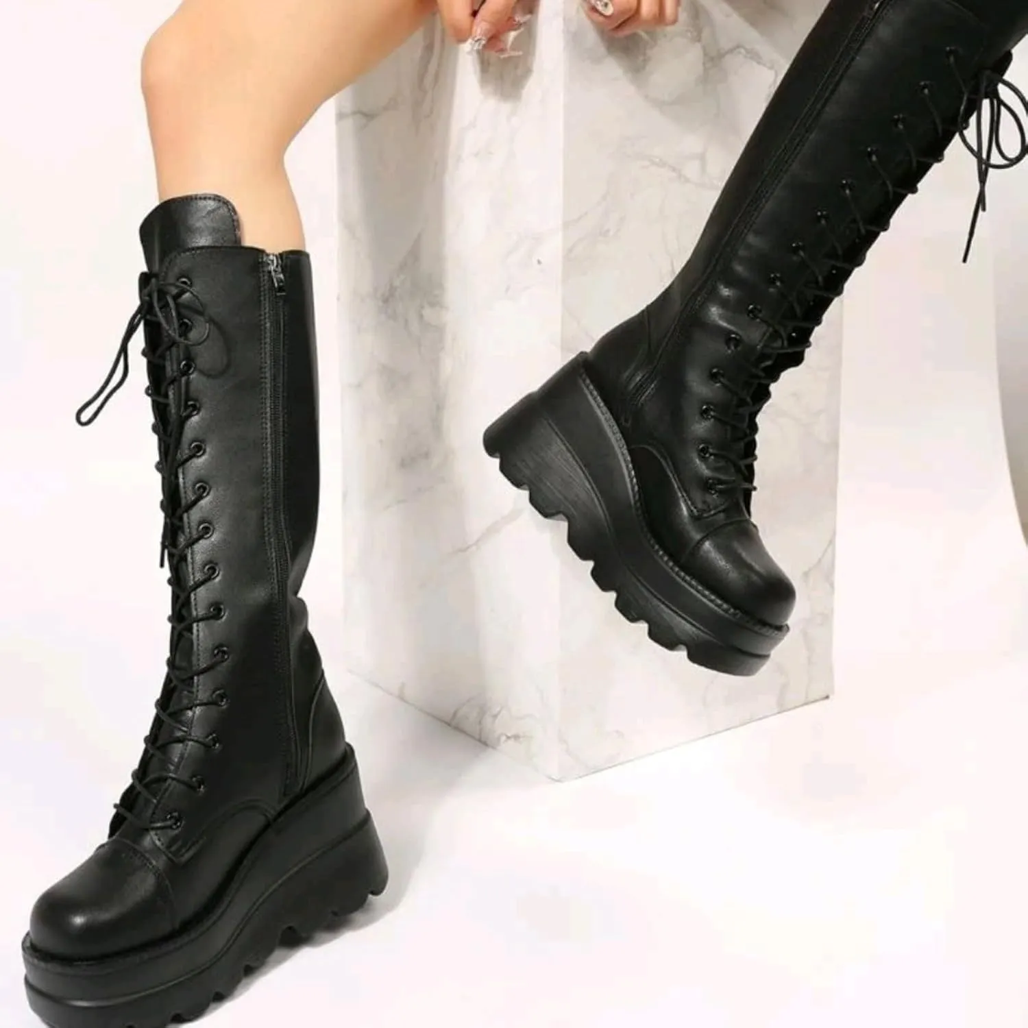 Womens Knee High Boots, Chunky Platform Boot, Adjustable Lace-up Riding Combat Booties, Holographic Goth Punk Motorcycle Shoes, Rave Boots With Side Zip Metal Buckle