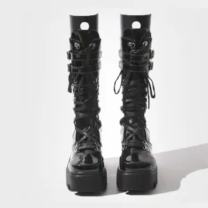Womens Knee High Boots, Chunky Platform Boot, Adjustable Lace-up Riding Combat Booties, Holographic Goth Punk Motorcycle Shoes, Rave Boots With Side Zip Metal Buckle