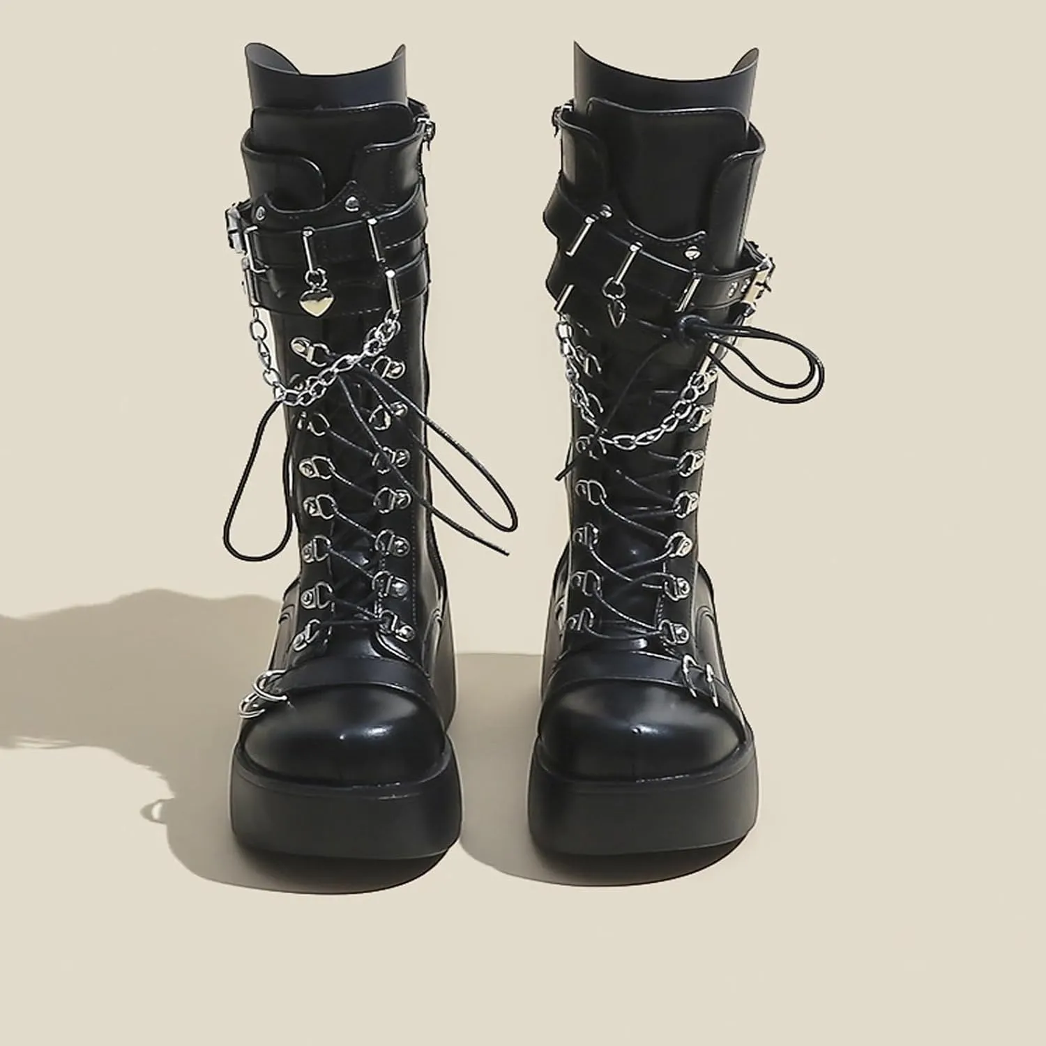 Womens Knee High Boots, Chunky Platform Boot, Adjustable Lace-up Riding Combat Booties, Holographic Goth Punk Motorcycle Shoes, Rave Boots With Side Zip Metal Buckle