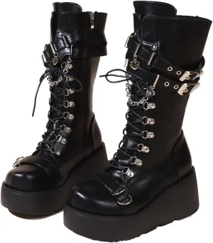 Womens Knee High Boots, Chunky Platform Boot, Adjustable Lace-up Riding Combat Booties, Holographic Goth Punk Motorcycle Shoes, Rave Boots With Side Zip Metal Buckle