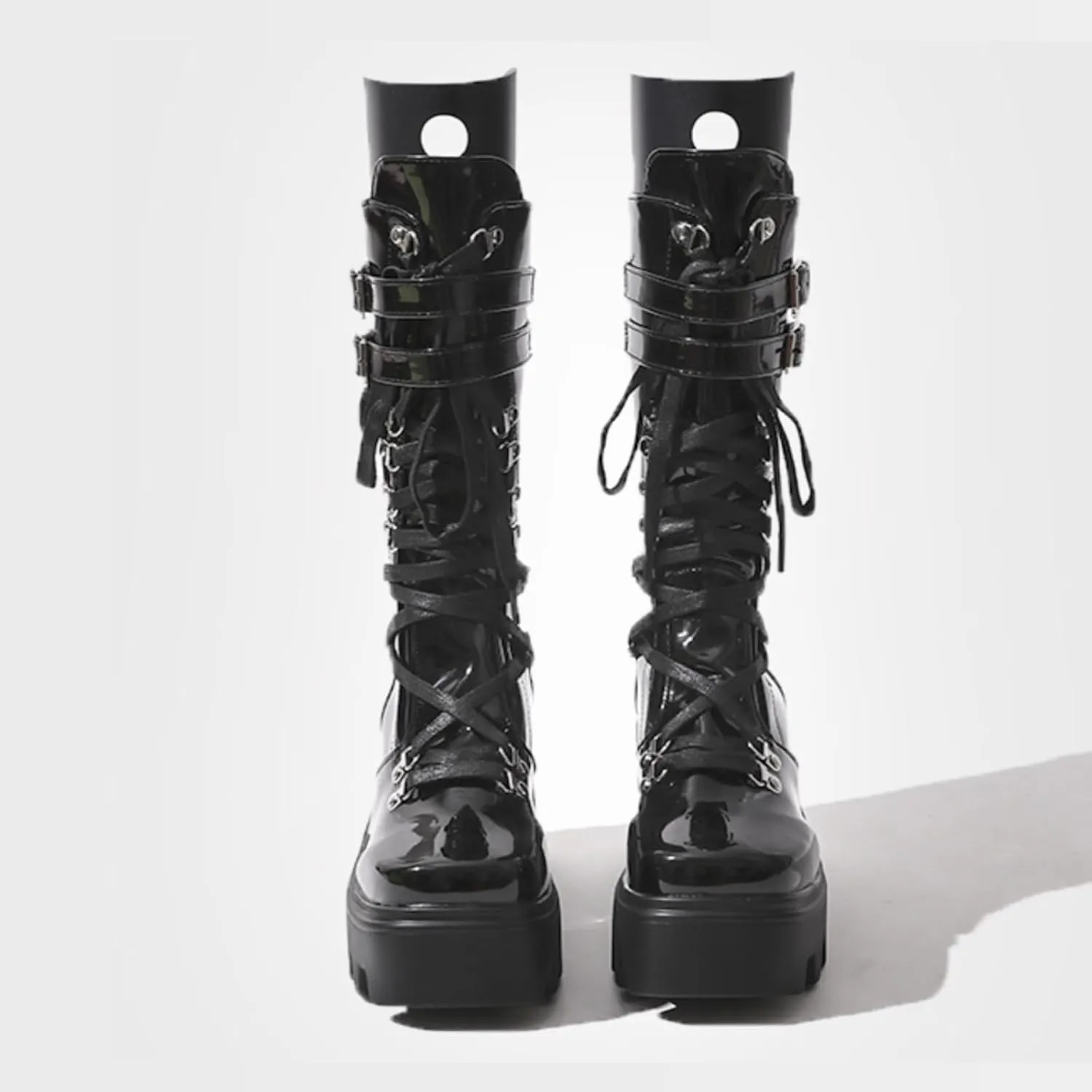 Womens Knee High Boots, Chunky Platform Boot, Adjustable Lace-up Riding Combat Booties, Holographic Goth Punk Motorcycle Shoes, Rave Boots With Side Zip Metal Buckle