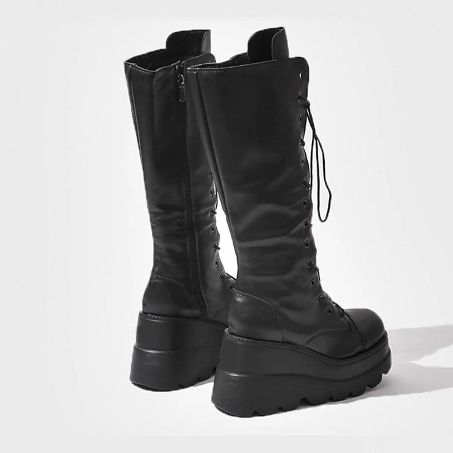Womens Knee High Boots, Chunky Platform Boot, Adjustable Lace-up Riding Combat Booties, Holographic Goth Punk Motorcycle Shoes, Rave Boots With Side Zip Metal Buckle