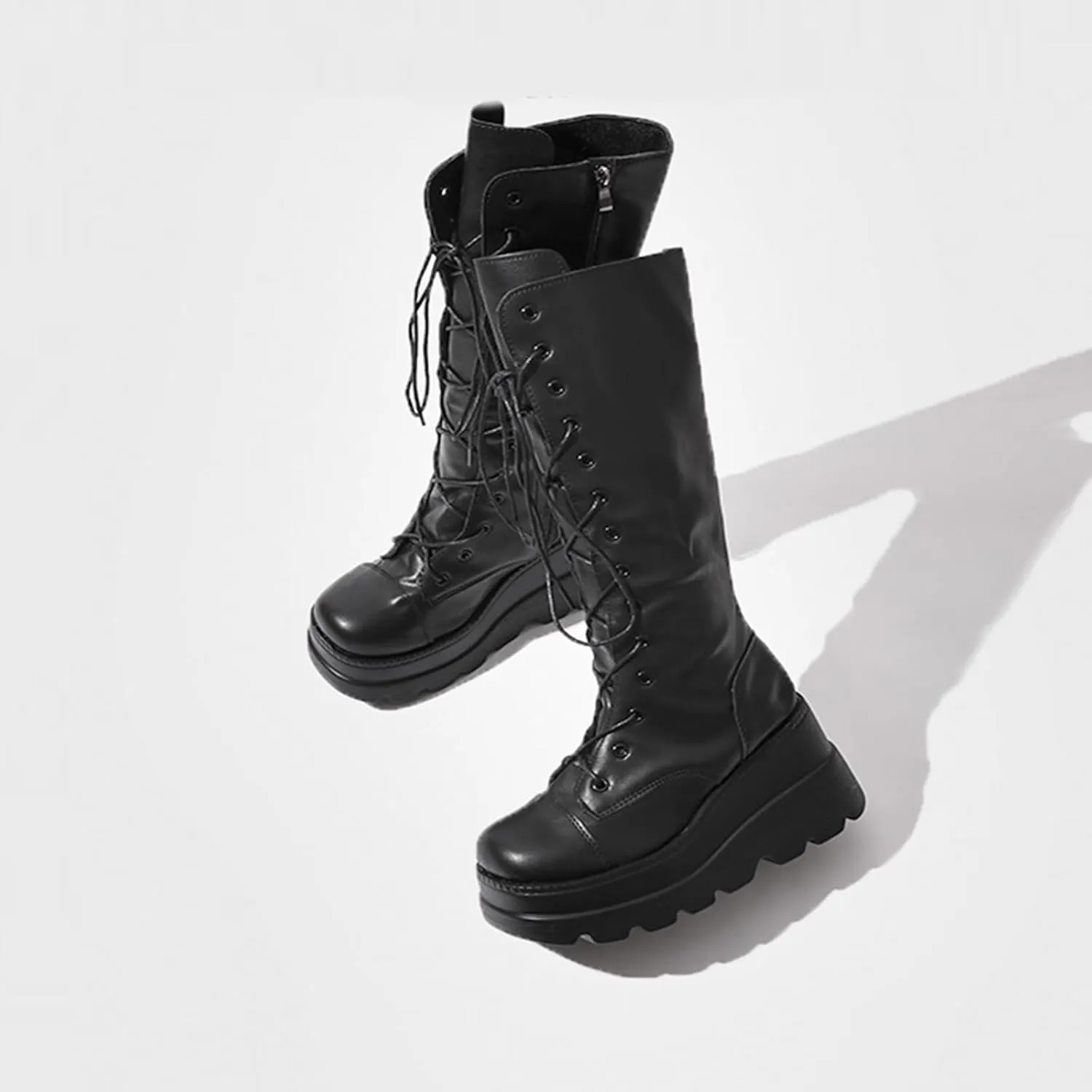 Womens Knee High Boots, Chunky Platform Boot, Adjustable Lace-up Riding Combat Booties, Holographic Goth Punk Motorcycle Shoes, Rave Boots With Side Zip Metal Buckle