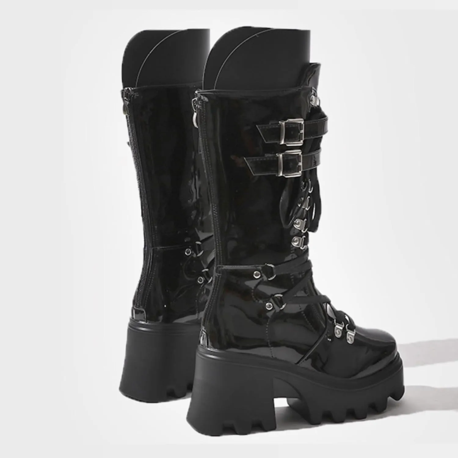 Womens Knee High Boots, Chunky Platform Boot, Adjustable Lace-up Riding Combat Booties, Holographic Goth Punk Motorcycle Shoes, Rave Boots With Side Zip Metal Buckle