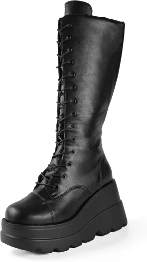 Womens Knee High Boots, Chunky Platform Boot, Adjustable Lace-up Riding Combat Booties, Holographic Goth Punk Motorcycle Shoes, Rave Boots With Side Zip Metal Buckle