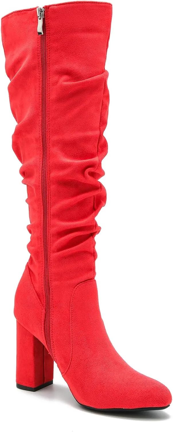 Women's Knee High Boots Sexy Pointed Toe Block Chunky High Heel Boots Side Zipper Pleated Leather Long Boots