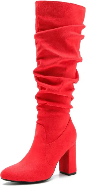 Women's Knee High Boots Sexy Pointed Toe Block Chunky High Heel Boots Side Zipper Pleated Leather Long Boots