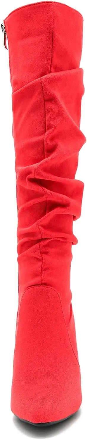Women's Knee High Boots Sexy Pointed Toe Block Chunky High Heel Boots Side Zipper Pleated Leather Long Boots