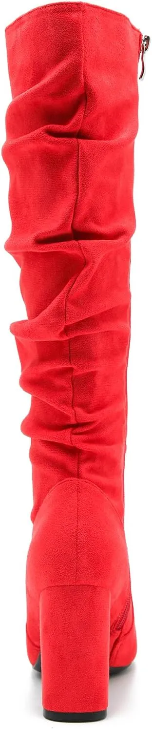 Women's Knee High Boots Sexy Pointed Toe Block Chunky High Heel Boots Side Zipper Pleated Leather Long Boots
