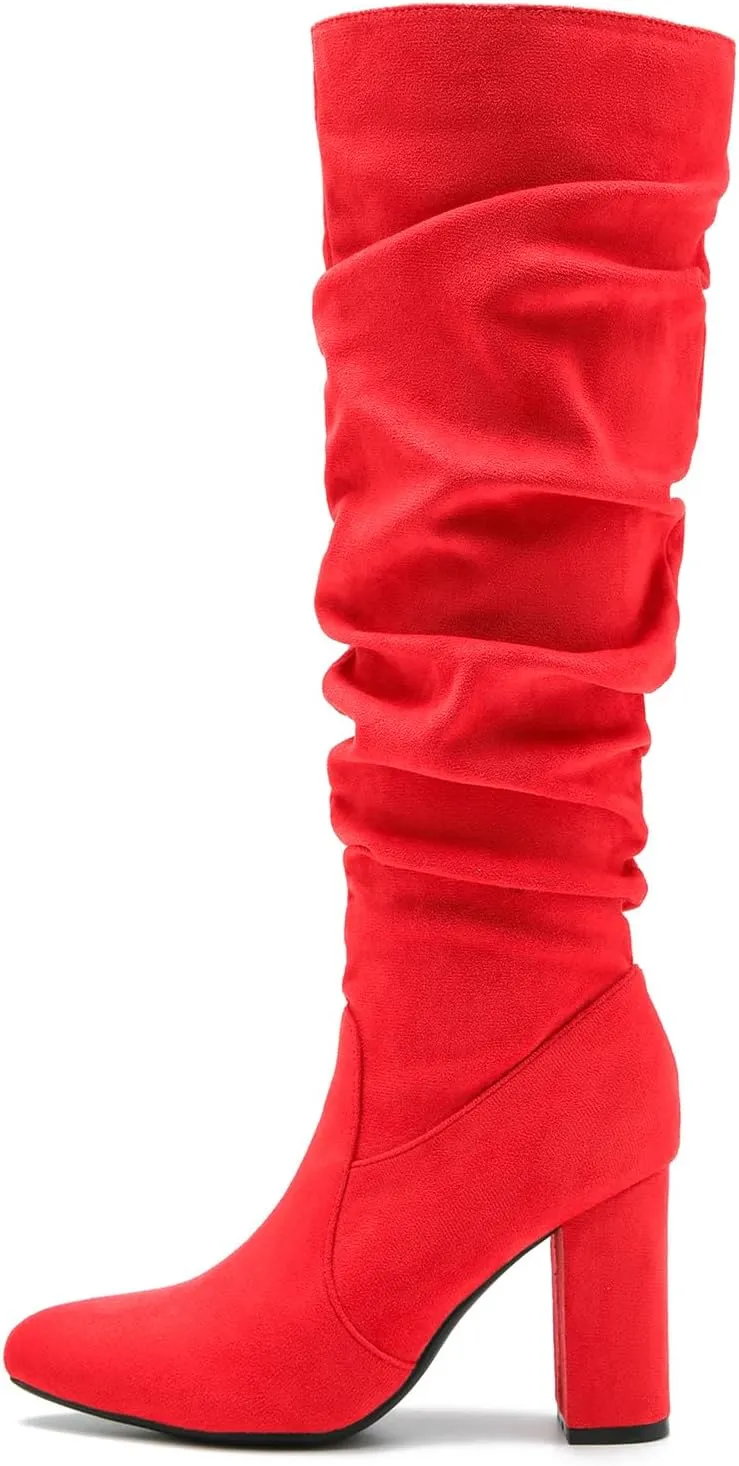 Women's Knee High Boots Sexy Pointed Toe Block Chunky High Heel Boots Side Zipper Pleated Leather Long Boots