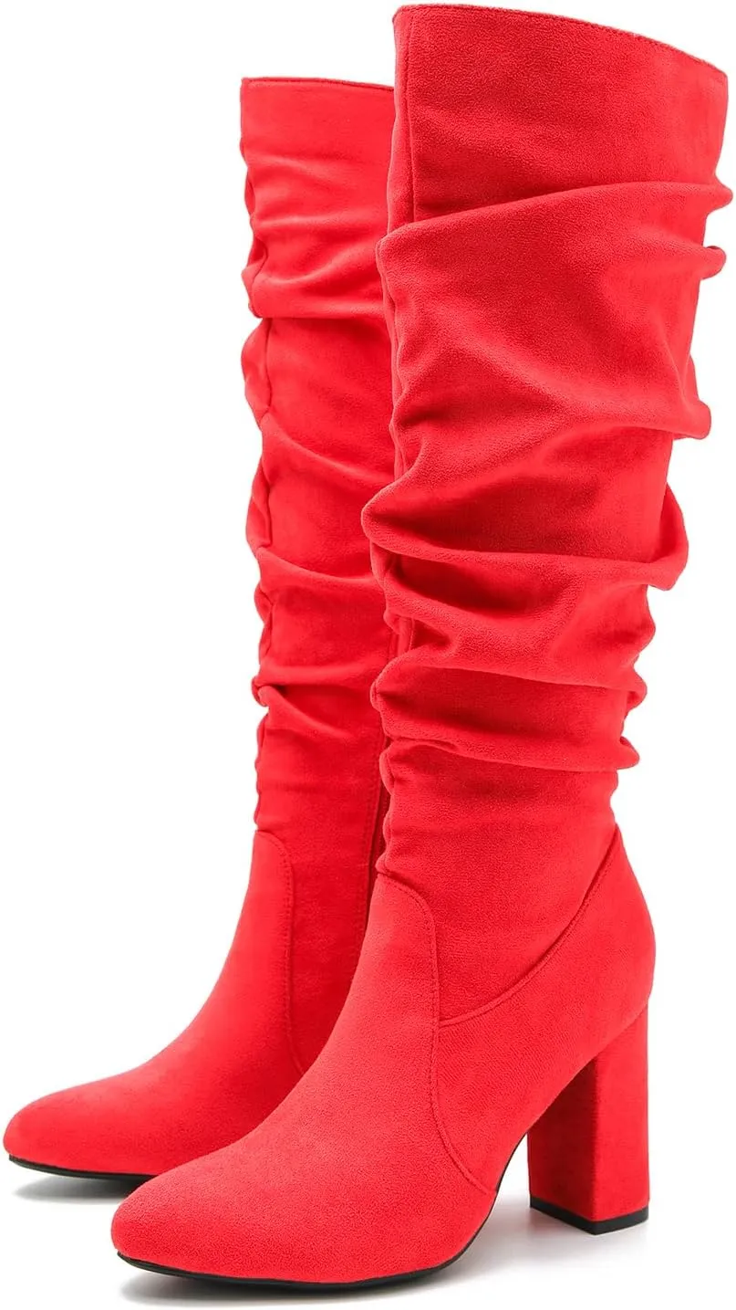 Women's Knee High Boots Sexy Pointed Toe Block Chunky High Heel Boots Side Zipper Pleated Leather Long Boots
