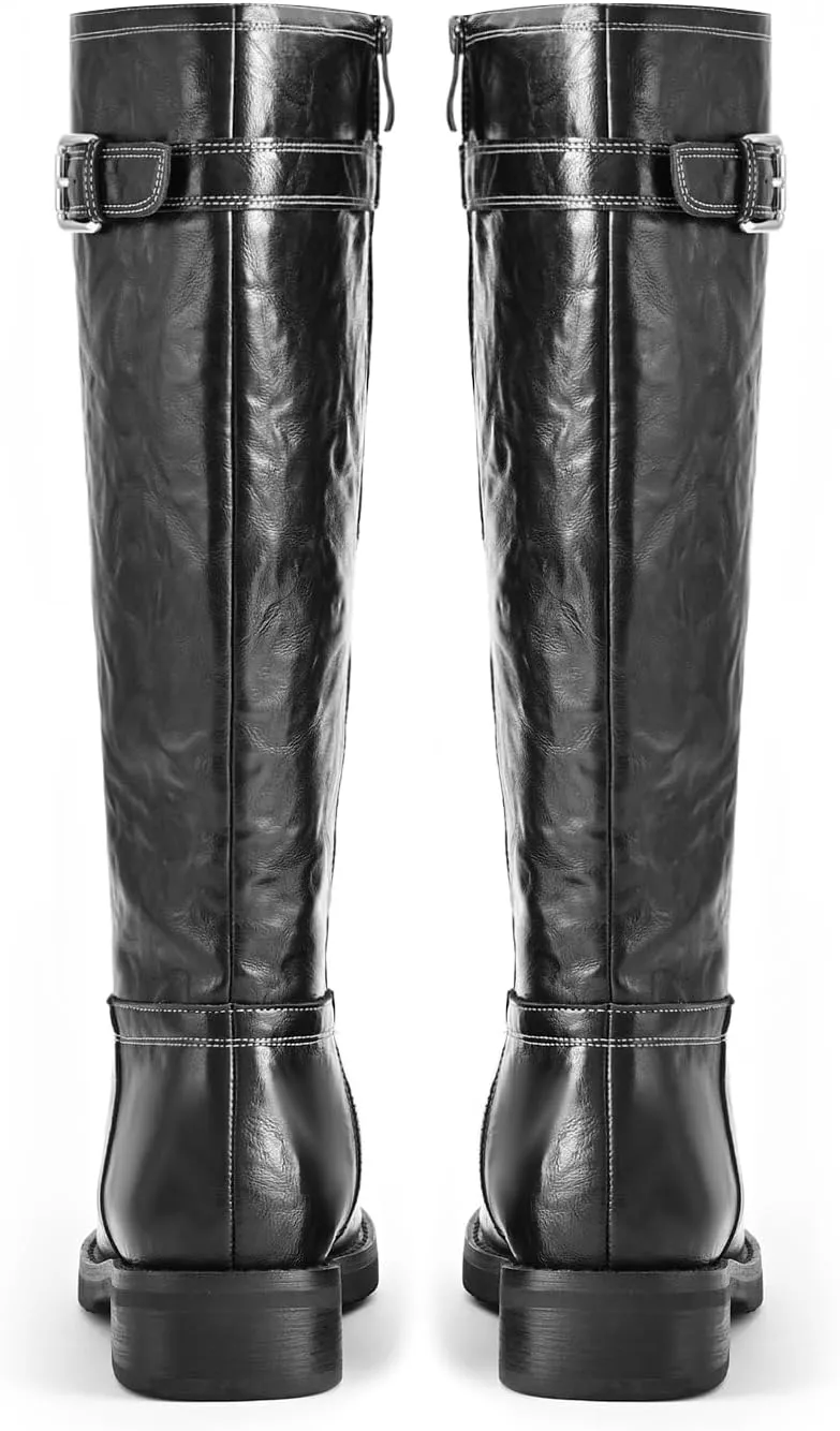Women's Knee High Wide Calf Platform Riding Boots - Side Zipper, Buckle, Comfortable Tall Boots - Chunky Low Heel, Classic Round Toe - for Women
