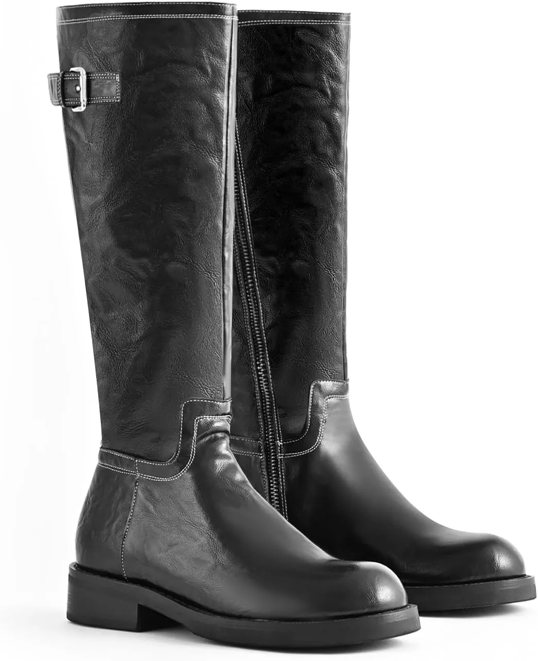 Women's Knee High Wide Calf Platform Riding Boots - Side Zipper, Buckle, Comfortable Tall Boots - Chunky Low Heel, Classic Round Toe - for Women