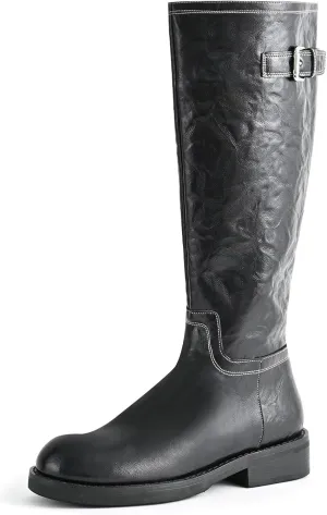 Women's Knee High Wide Calf Platform Riding Boots - Side Zipper, Buckle, Comfortable Tall Boots - Chunky Low Heel, Classic Round Toe - for Women