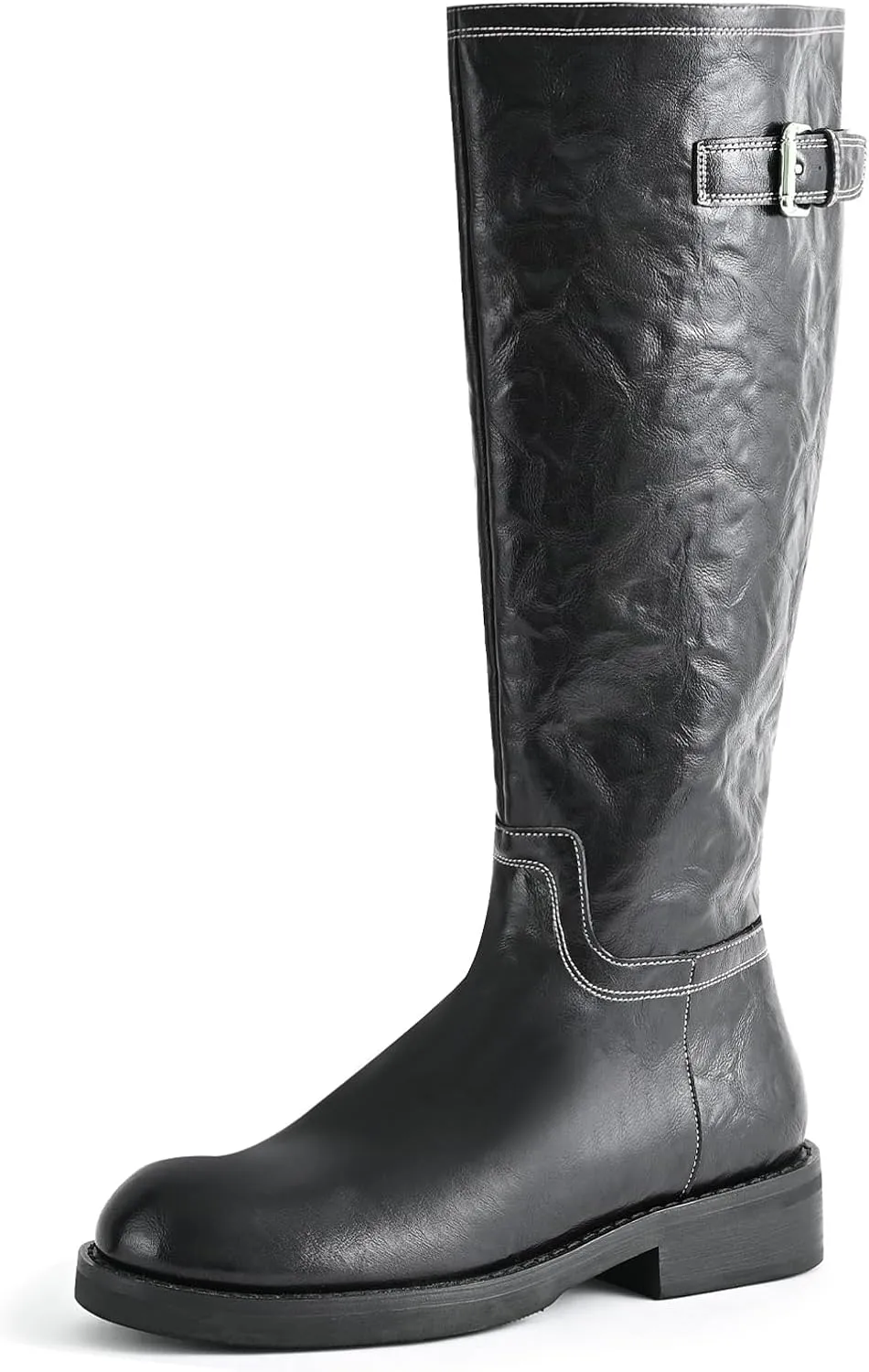 Women's Knee High Wide Calf Platform Riding Boots - Side Zipper, Buckle, Comfortable Tall Boots - Chunky Low Heel, Classic Round Toe - for Women