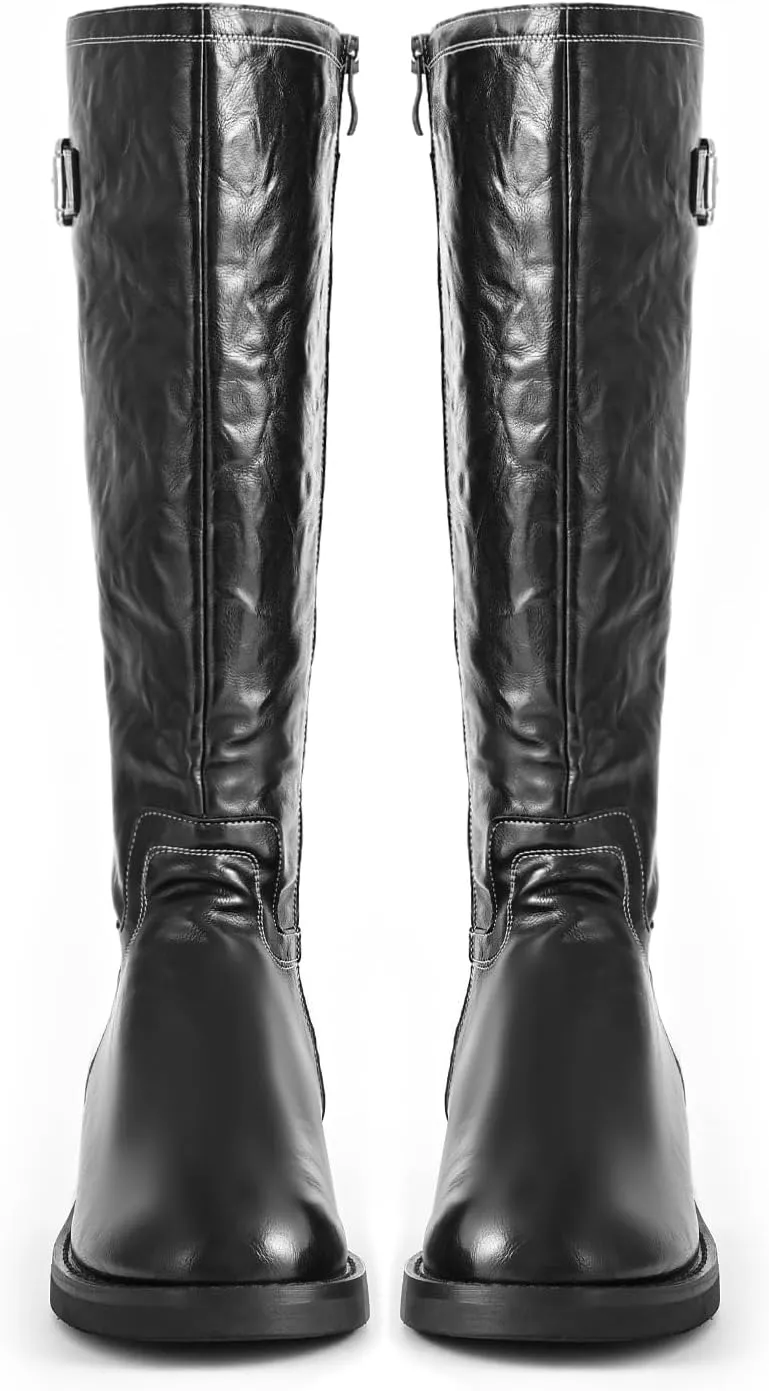 Women's Knee High Wide Calf Platform Riding Boots - Side Zipper, Buckle, Comfortable Tall Boots - Chunky Low Heel, Classic Round Toe - for Women