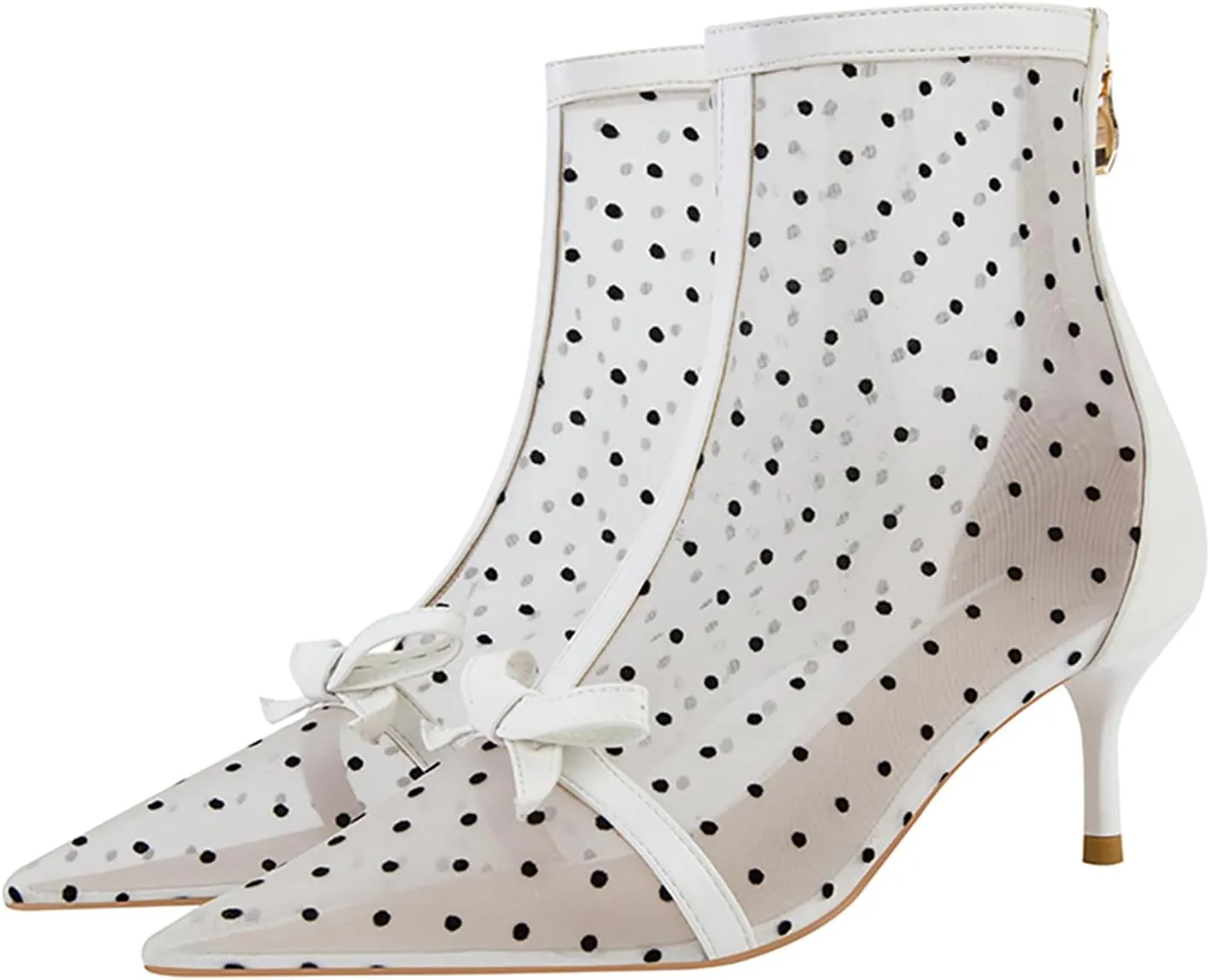 Women's Mesh Pointed Toe Stiletto Polka Dots Ankle Boots Sexy mid High heel bow summer breathe Party prom Dress short Boots