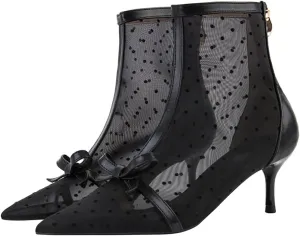 Women's Mesh Pointed Toe Stiletto Polka Dots Ankle Boots Sexy mid High heel bow summer breathe Party prom Dress short Boots