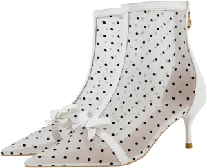 Women's Mesh Pointed Toe Stiletto Polka Dots Ankle Boots Sexy mid High heel bow summer breathe Party prom Dress short Boots