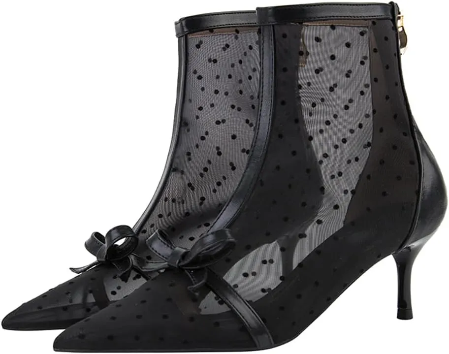 Women's Mesh Pointed Toe Stiletto Polka Dots Ankle Boots Sexy mid High heel bow summer breathe Party prom Dress short Boots