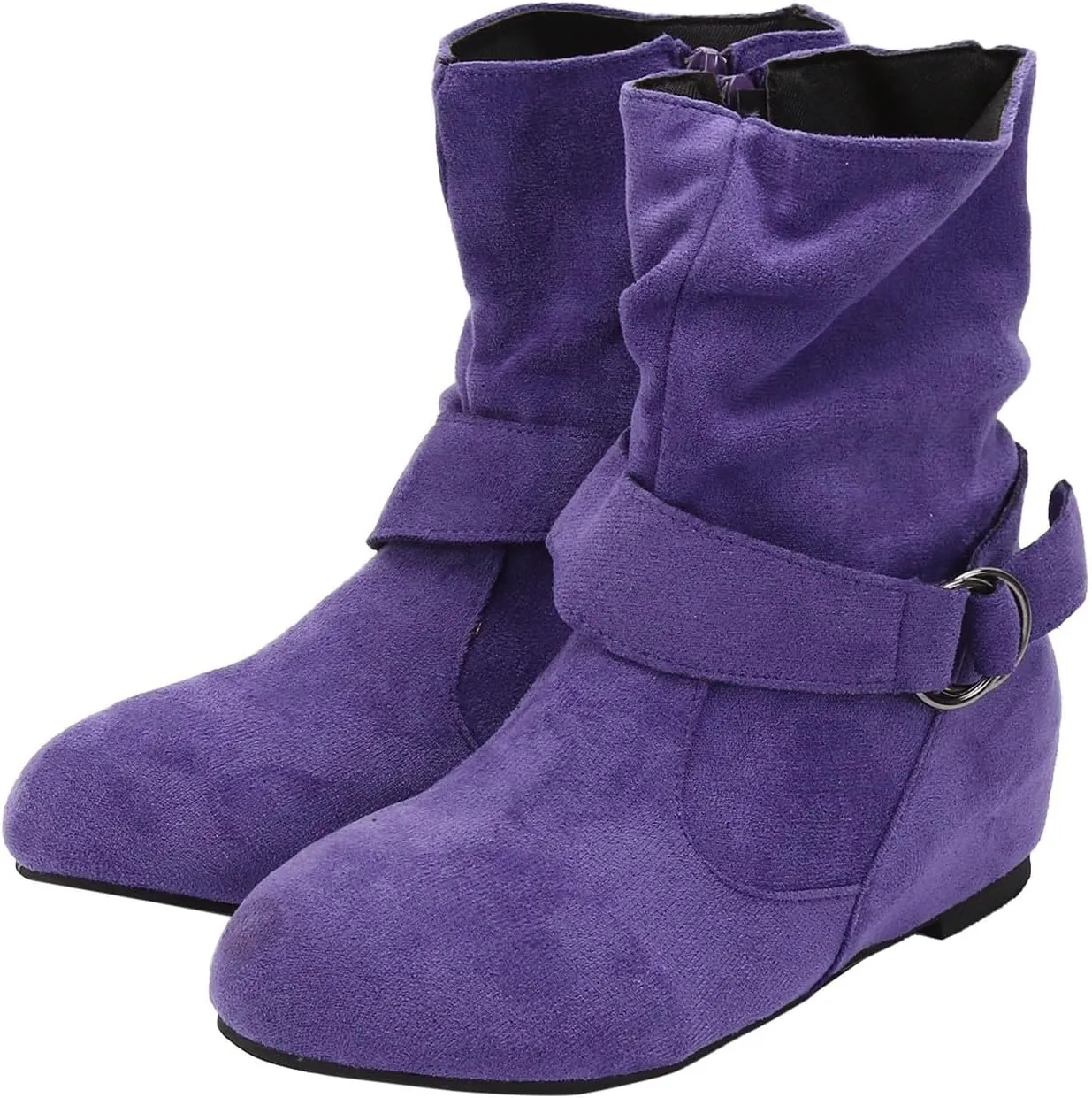 Women's Mid Calf Boots Fashion Slouchy Ruched Suede Round Toe Slip On Flats Ankle Booties Casual Winter Grey
