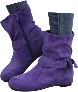 Women's Mid Calf Boots Fashion Slouchy Ruched Suede Round Toe Slip On Flats Ankle Booties Casual Winter Grey