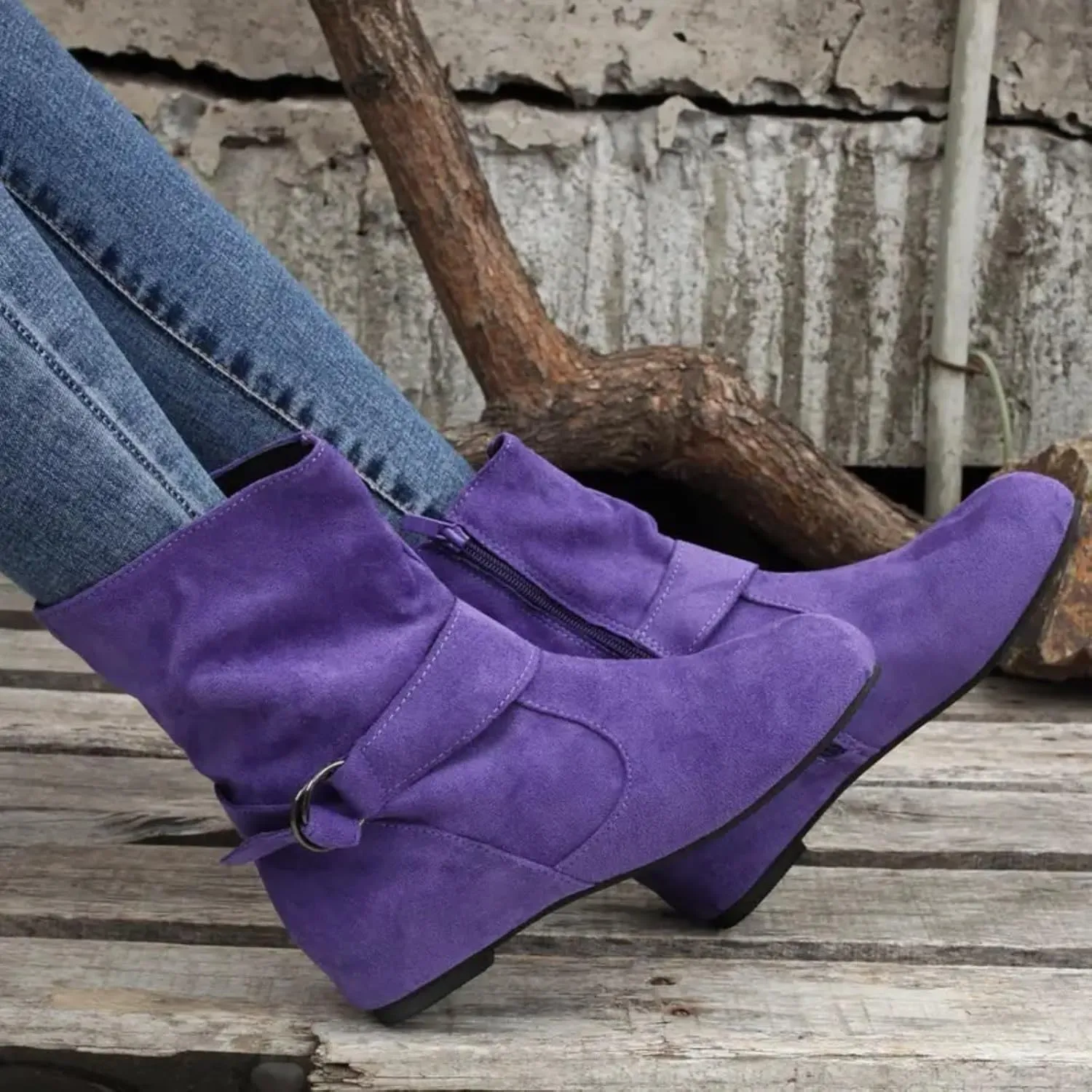 Women's Mid Calf Boots Fashion Slouchy Ruched Suede Round Toe Slip On Flats Ankle Booties Casual Winter Grey