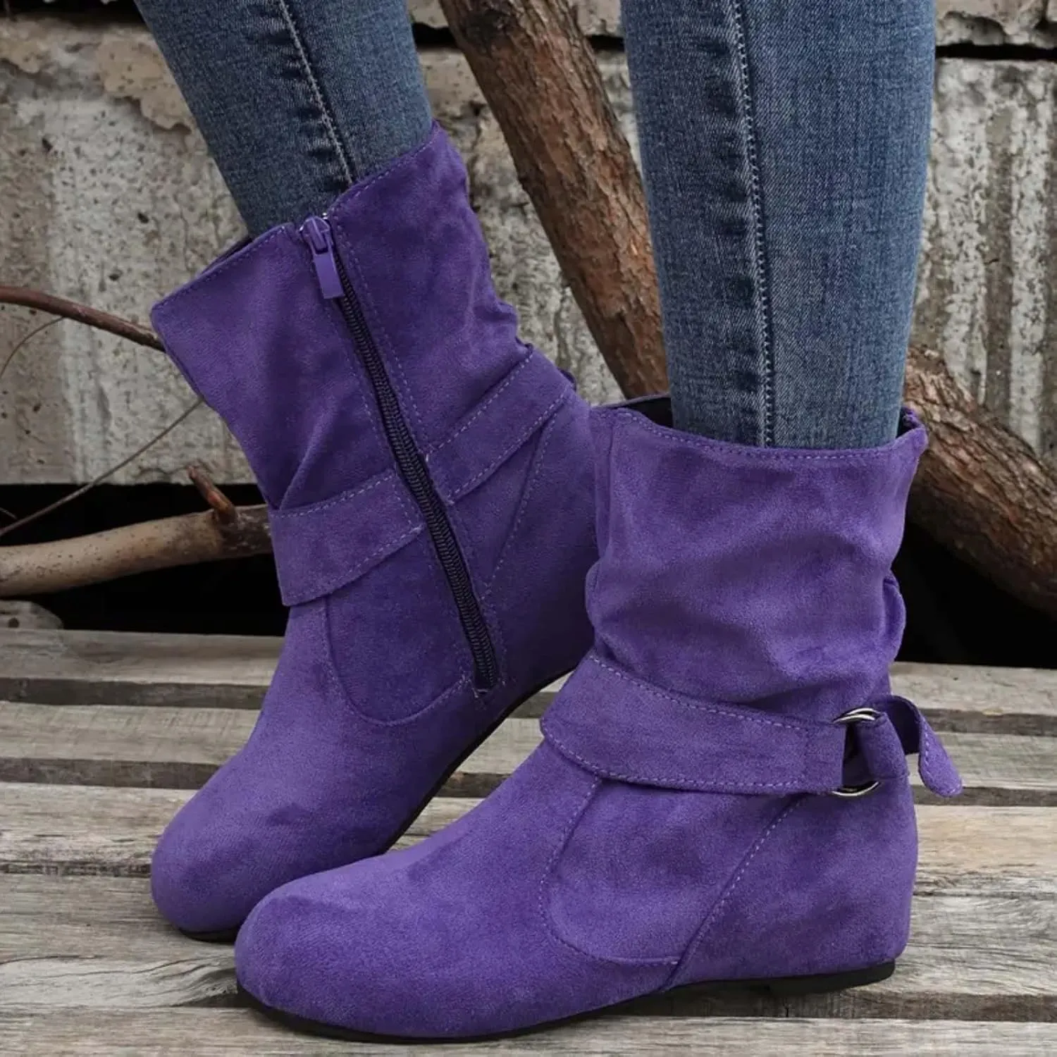 Women's Mid Calf Boots Fashion Slouchy Ruched Suede Round Toe Slip On Flats Ankle Booties Casual Winter Grey